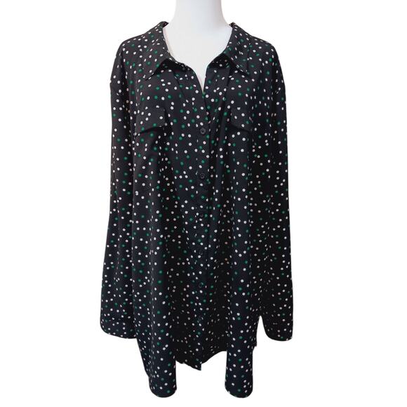 CATHERINES Blouse Top 5X Black Green White Polka Dot Career Office Dressy Casual - Picture 1 of 10